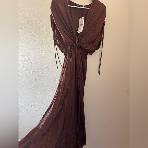 Zara Dresses & Skirts - Zara brown satin effect cut out maxi dress